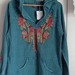 NWT Avani Del Amour Womens Teal Floral Embroidered Hoodie Size MED